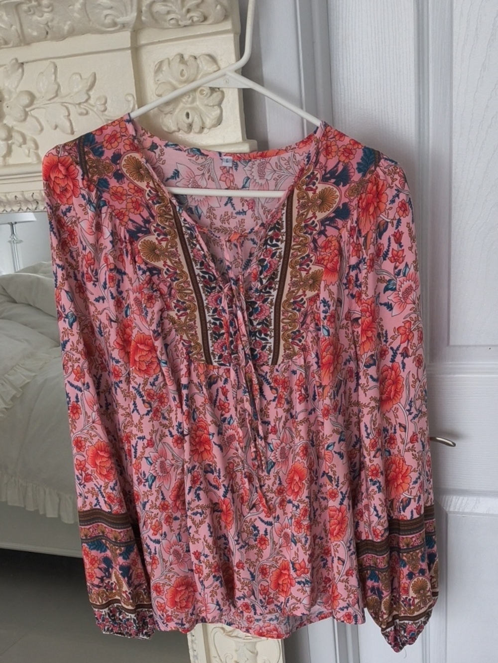 Women's Pink Floral Boho Peasant Top